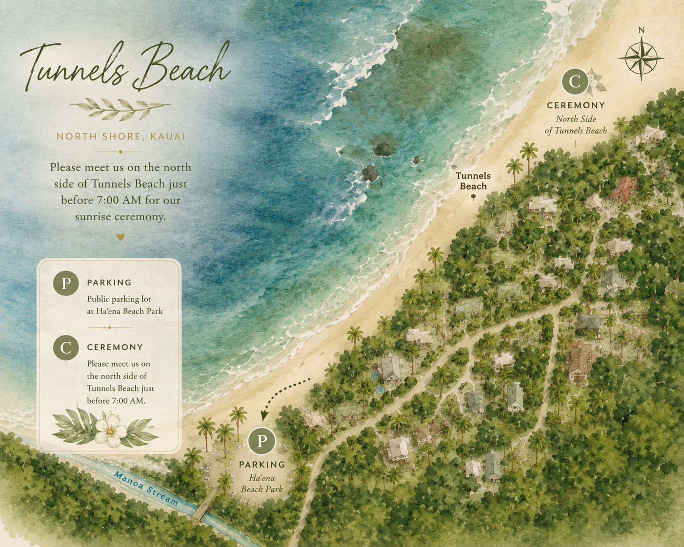 Illustrated ceremony map for Tunnels Beach and Hāʻena Beach Park parking.